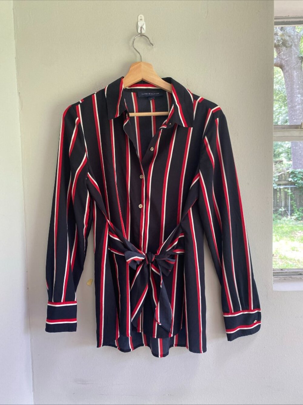 Tommy Hilfiger Navy Red White Striped Button-Up Shirt With Front-Tie Small